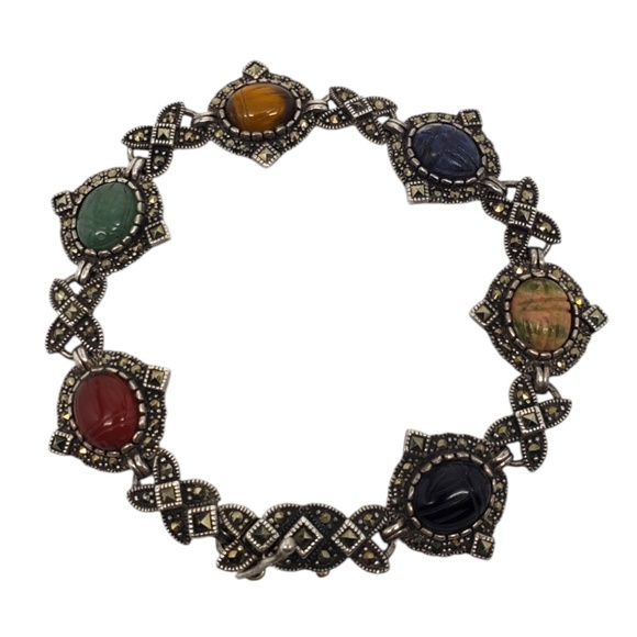 Estate Jewelry - Vintage Marcasite Sterling Silver Carved Gemstone Scarab Bracelet #20595